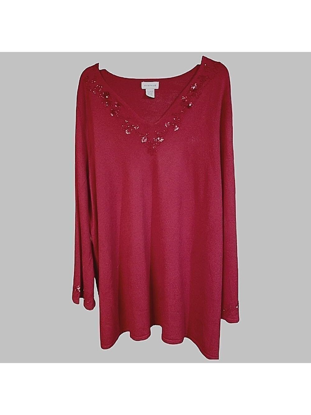 Avenue V-neck Embellished Long Sleeve Red Sweater 3X